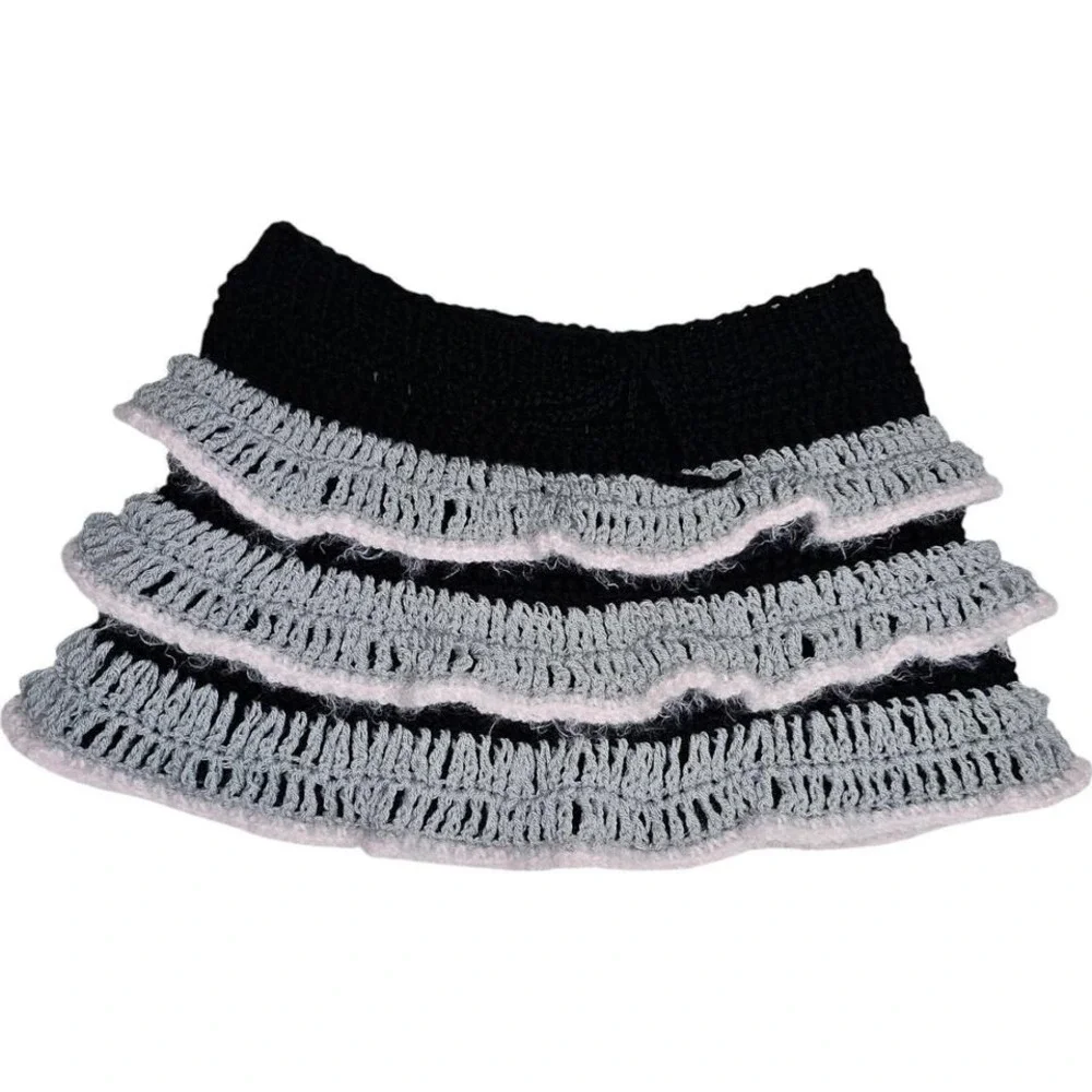Handmade Crochet Mini‎ Skirt – Black, Gray & Pink Ruffle Knit